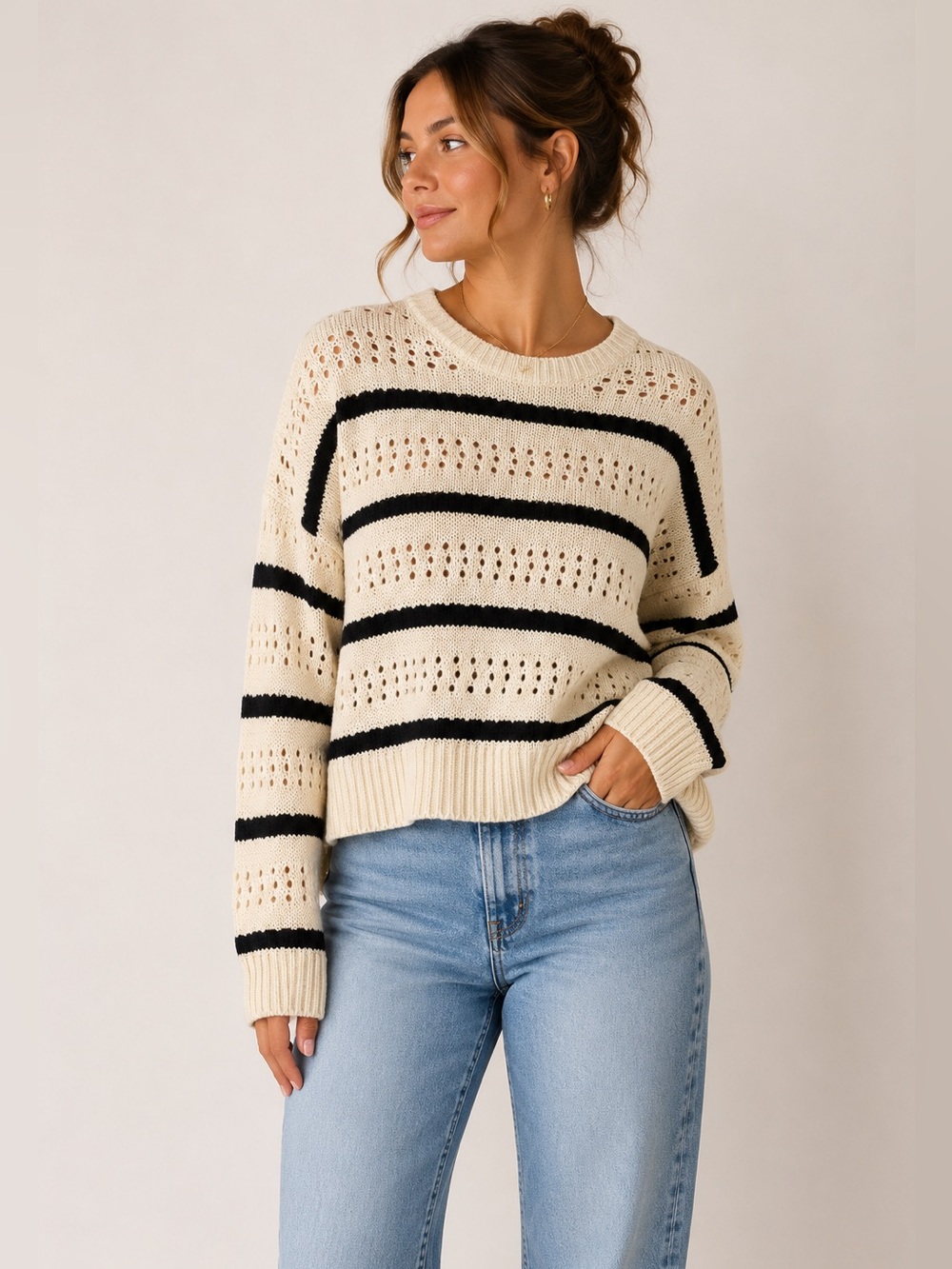 Reitmans Pointelle Cotton Stripe Sweater NWT Large Coastal Grandma